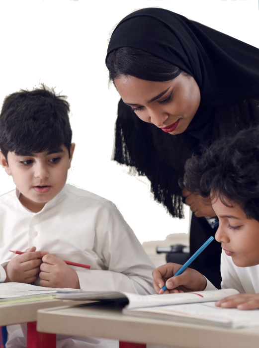 Teacher helping her students